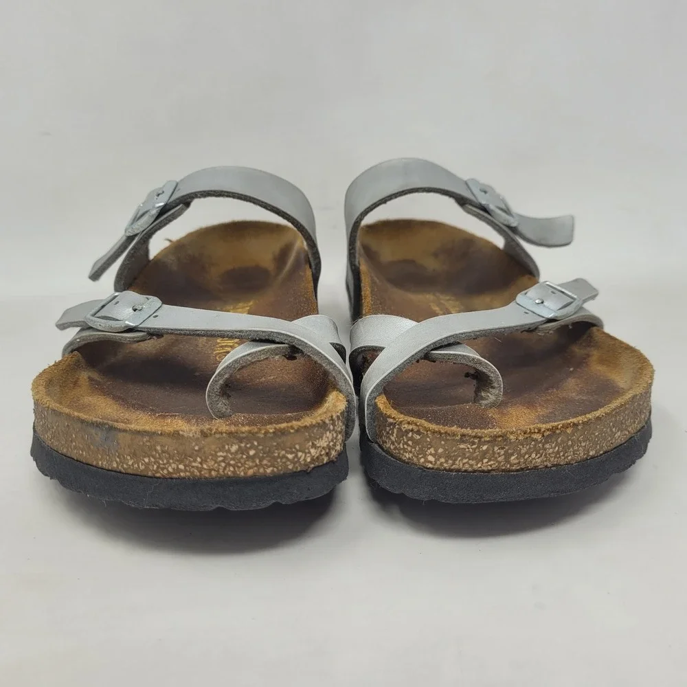 Birkenstock Mayari Sandals EU38 US7 Silver Birko Flor Slides Slip On Comfort